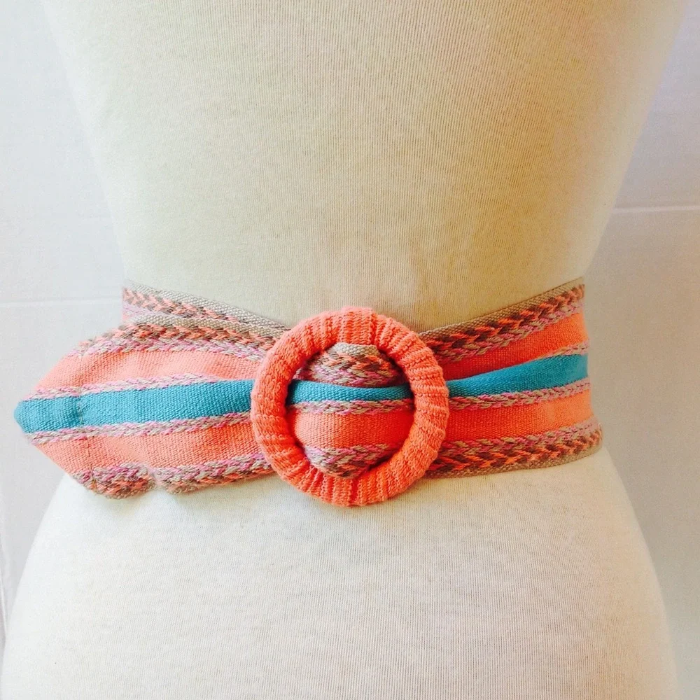 Vintage Peach Blue Stripe Belt Wrap Canvas